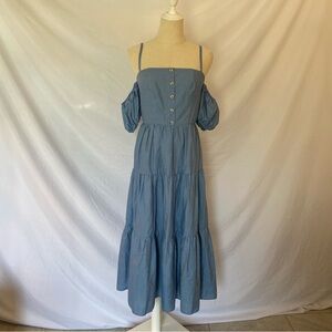 BCBGMAXAZRIA Women's Off The Shoulder Chambray Flowing MIDI DRESS